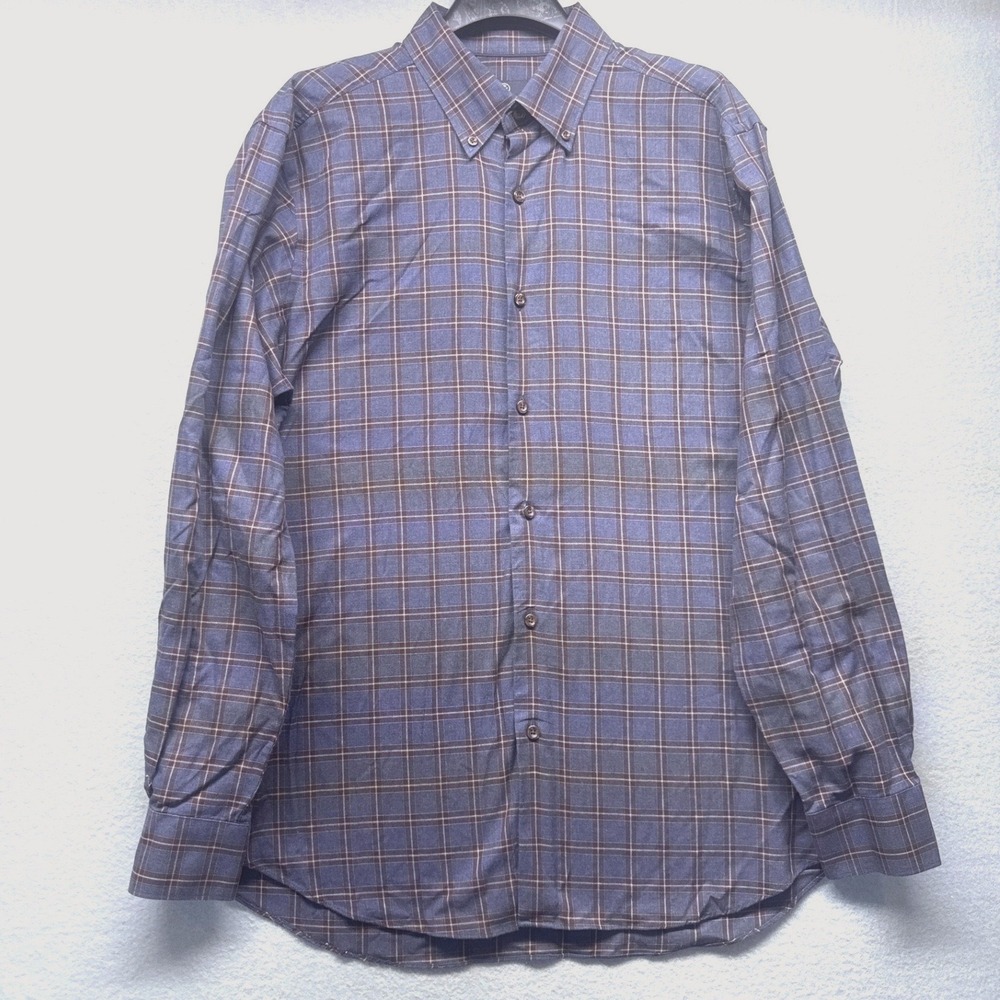 Hart Schaffner Marx Mens Blue Brown Plaid Cotton Button Down Shirt Large L
